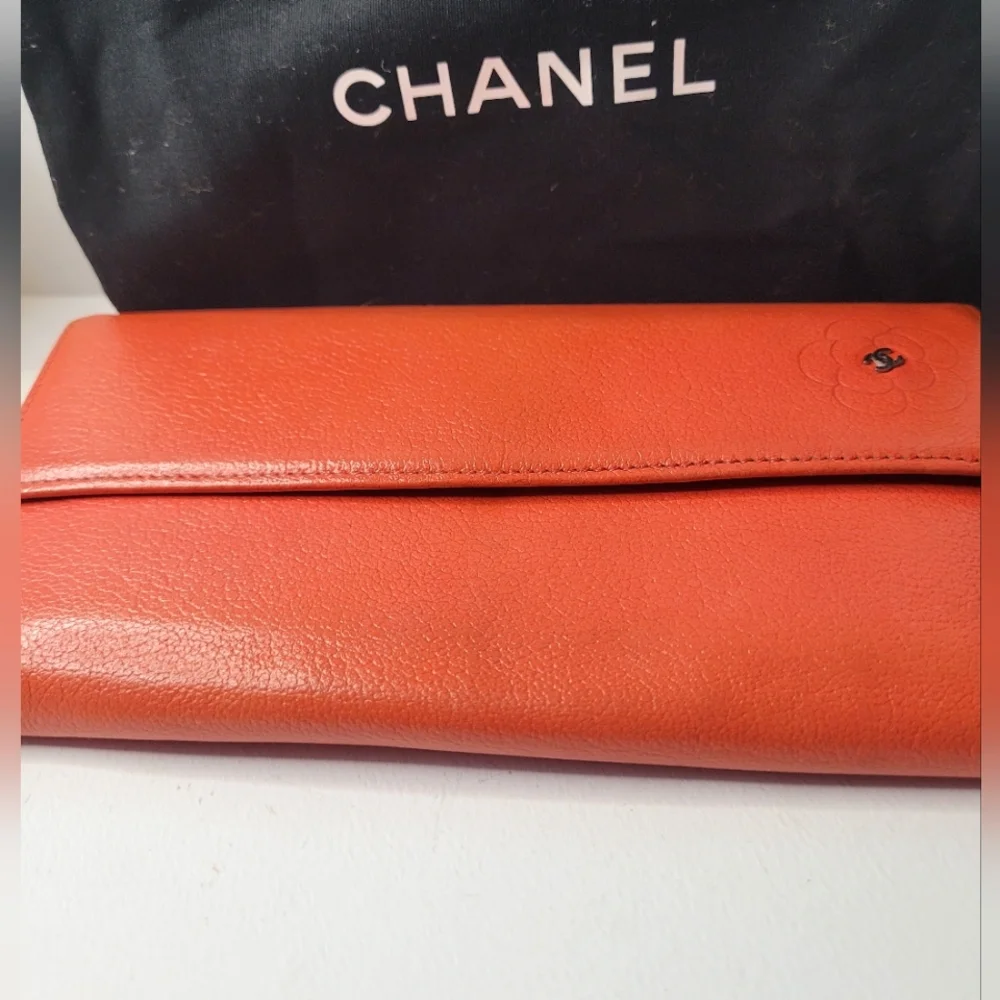Chanel Lambskin Camelia Flower Long Orange Wallet